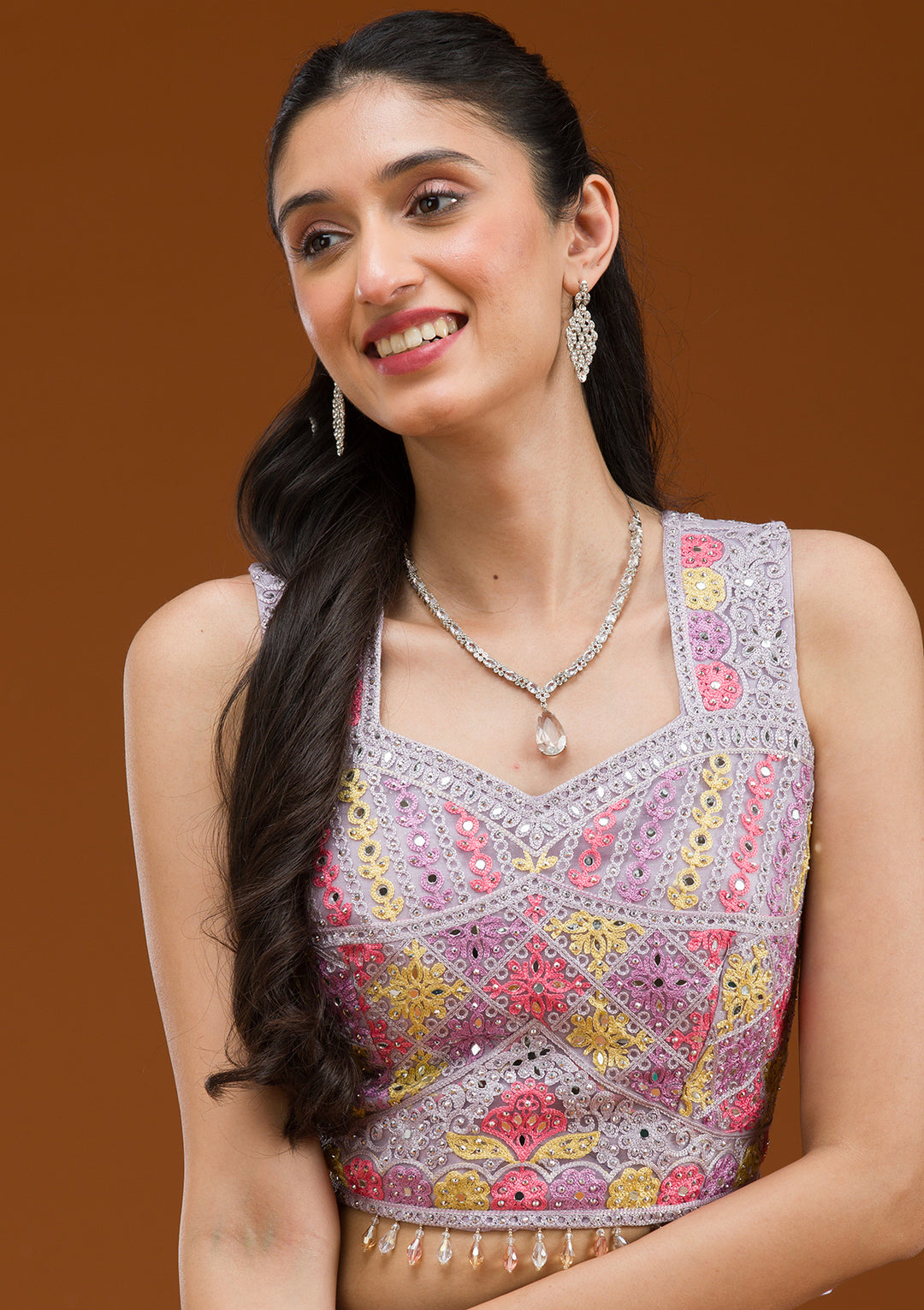 Light Grey Threadwork Net Readymade Lehenga