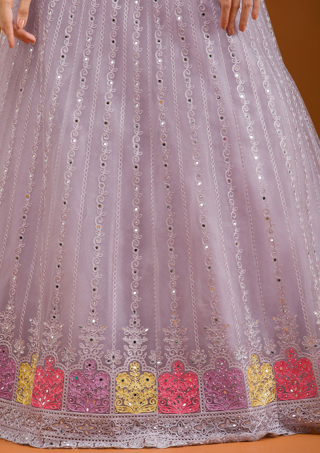 Light Grey Threadwork Net Readymade Lehenga