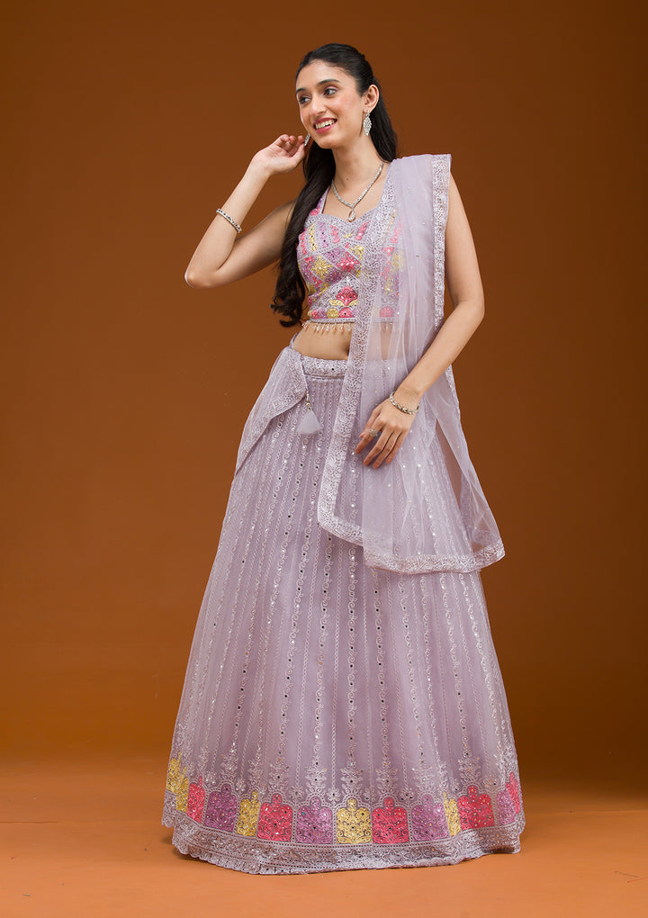 Light Grey Threadwork Net Readymade Lehenga