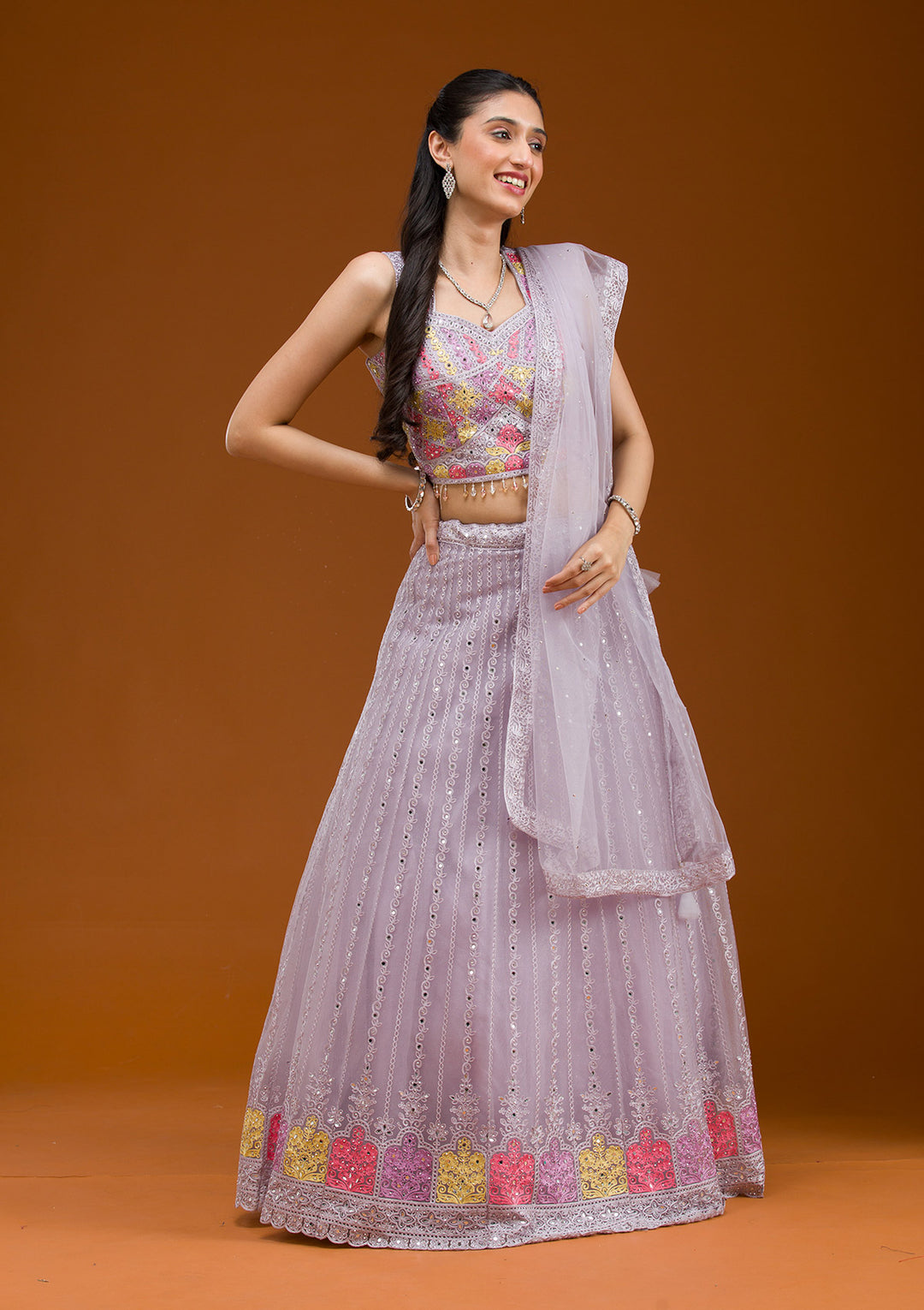 Light Grey Threadwork Net Readymade Lehenga