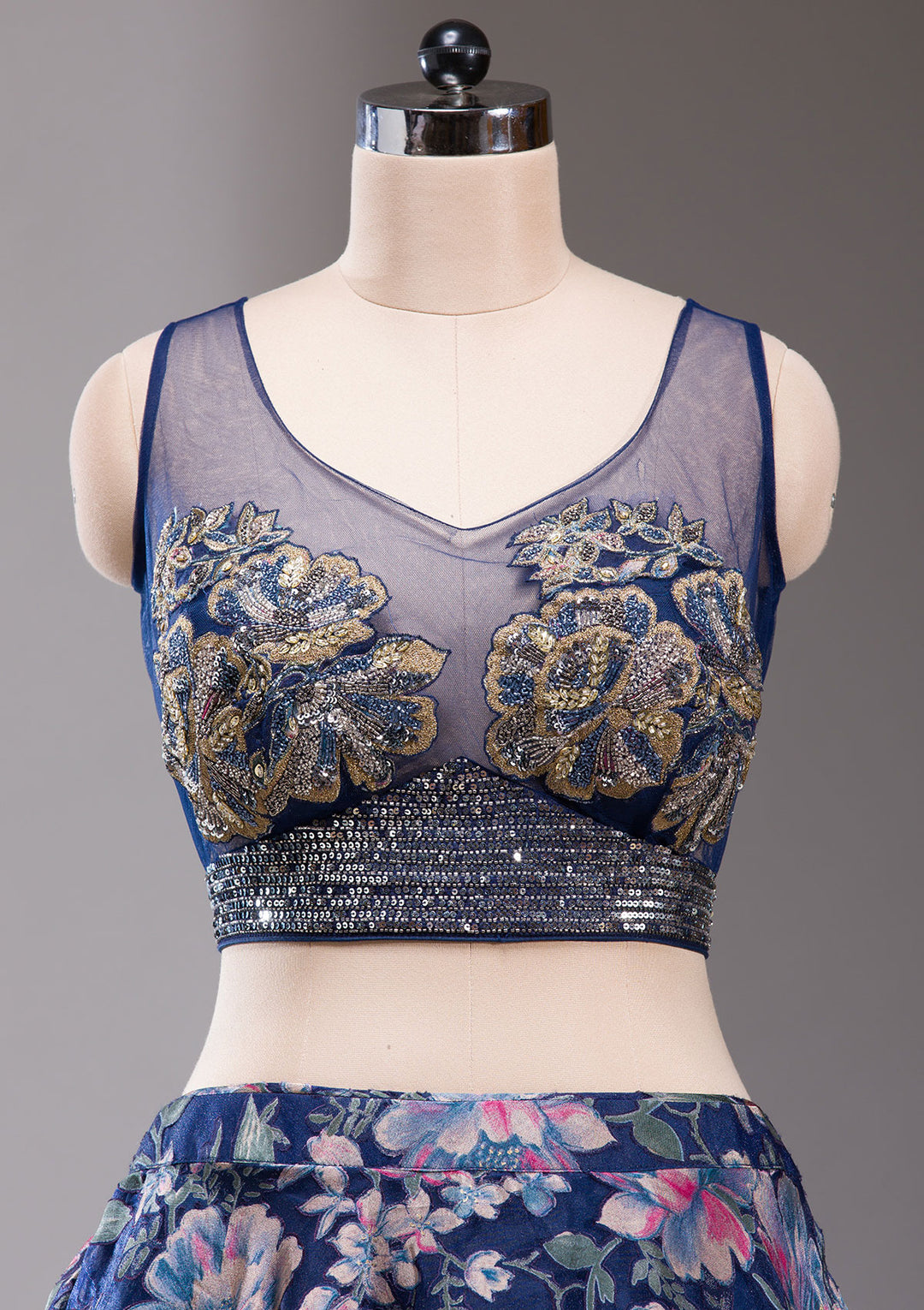 Navy Blue Stonework Tissue Readymade Lehenga