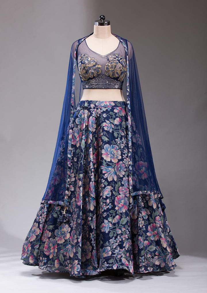 Navy Blue Stonework Tissue Readymade Lehenga