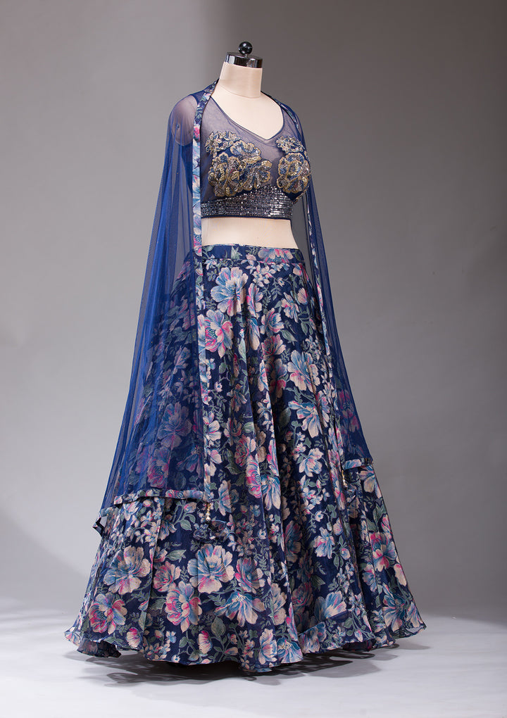 Navy Blue Stonework Tissue Readymade Lehenga