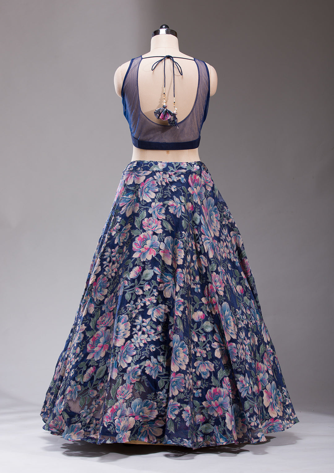 Navy Blue Stonework Tissue Readymade Lehenga