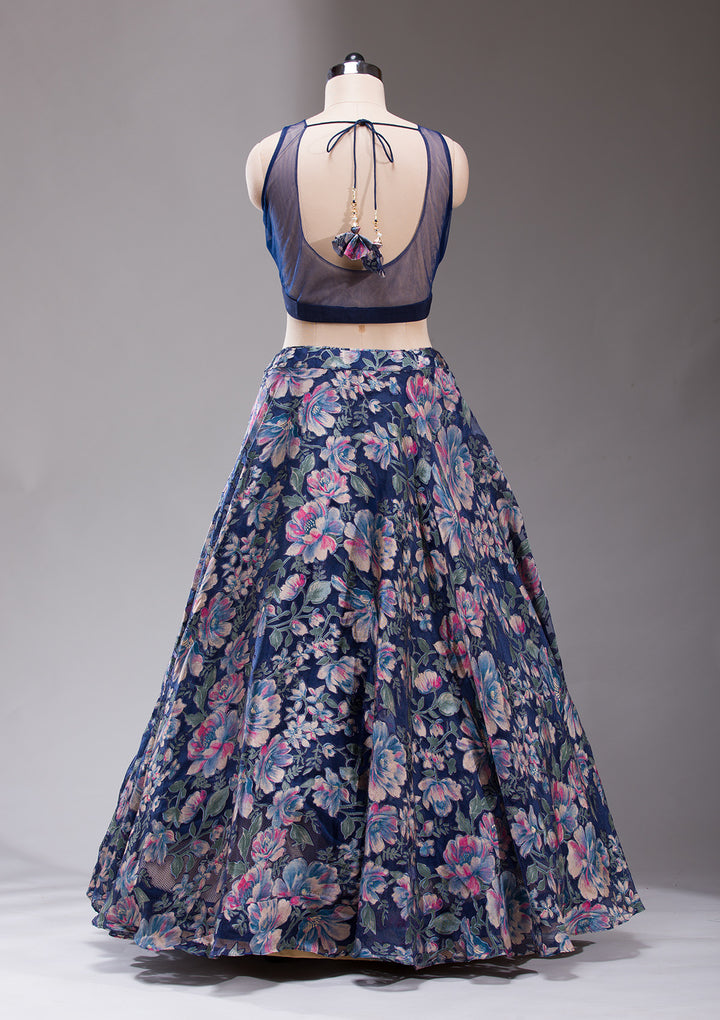 Navy Blue Stonework Tissue Readymade Lehenga