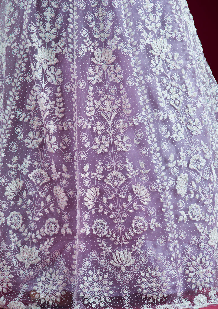 Lavender Threadwork Net Readymade Lehenga