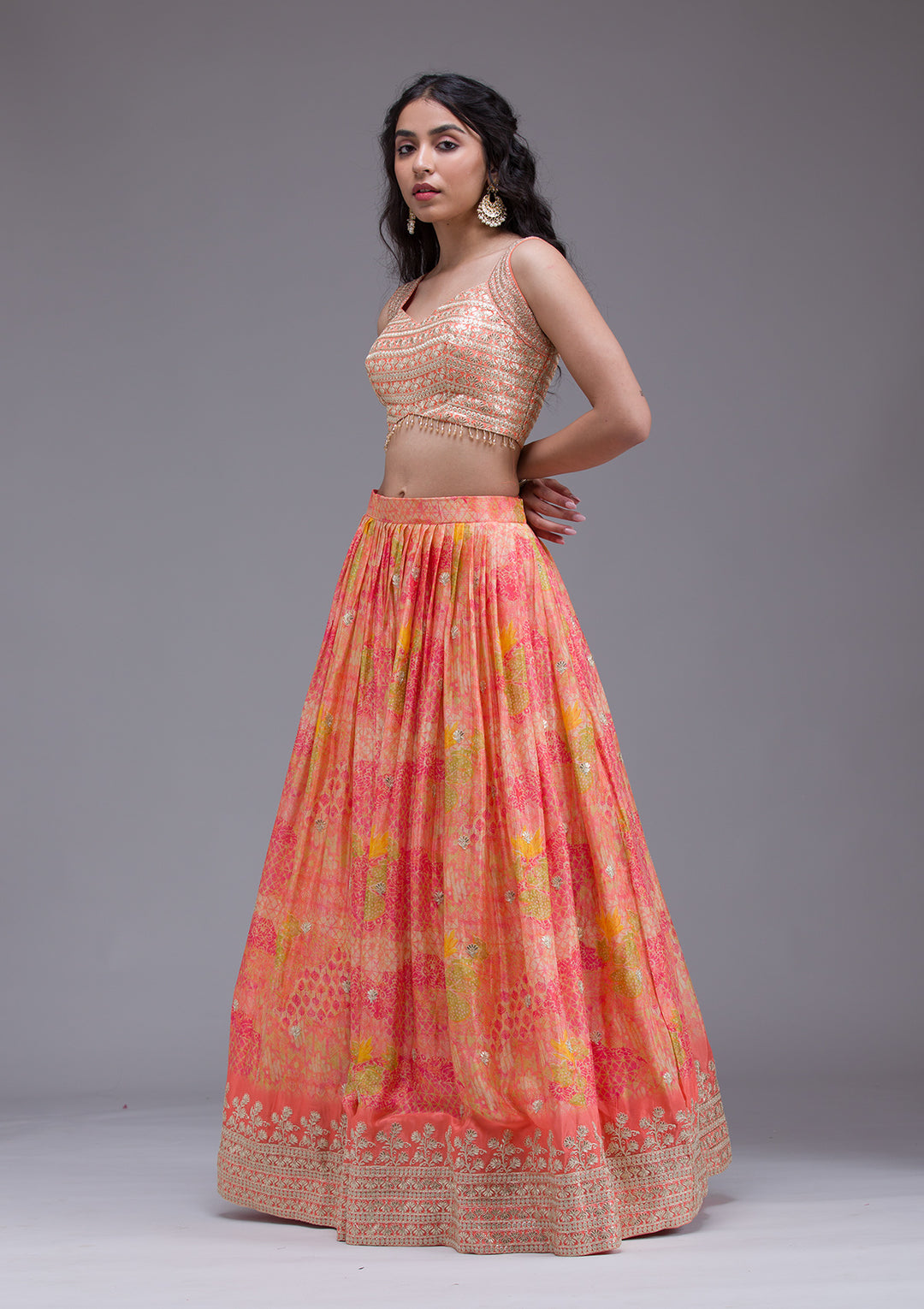 Peach Sequins Georgette Readymade Lehenga