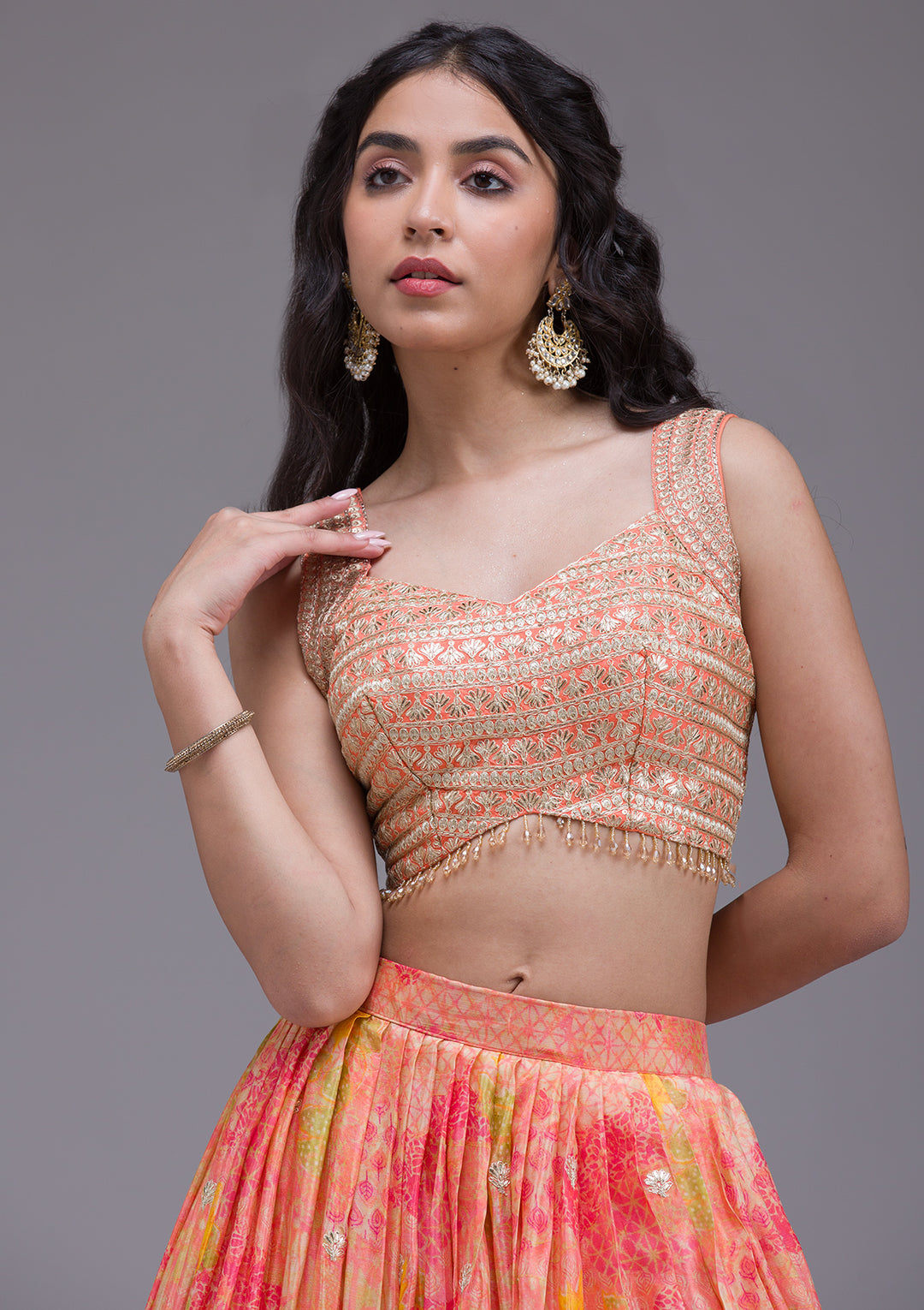 Peach Sequins Georgette Readymade Lehenga