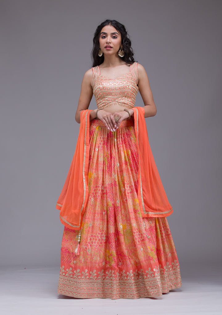 Peach Sequins Georgette Readymade Lehenga