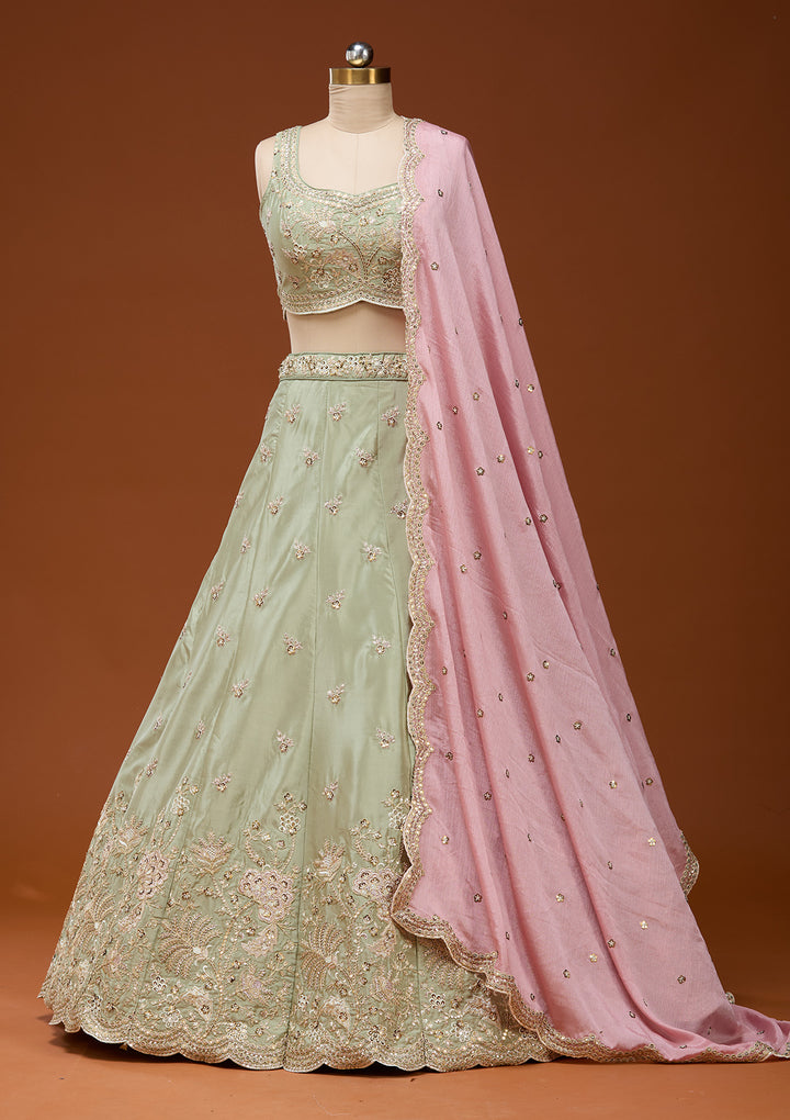 Pista Green Cording Satin Readymade Lehenga