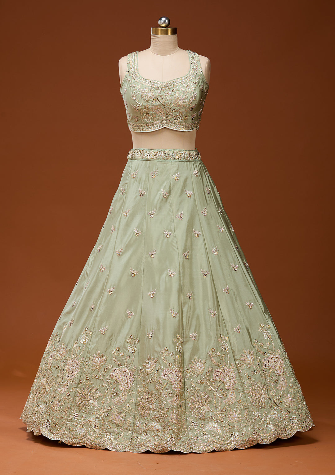 Pista Green Cording Satin Readymade Lehenga