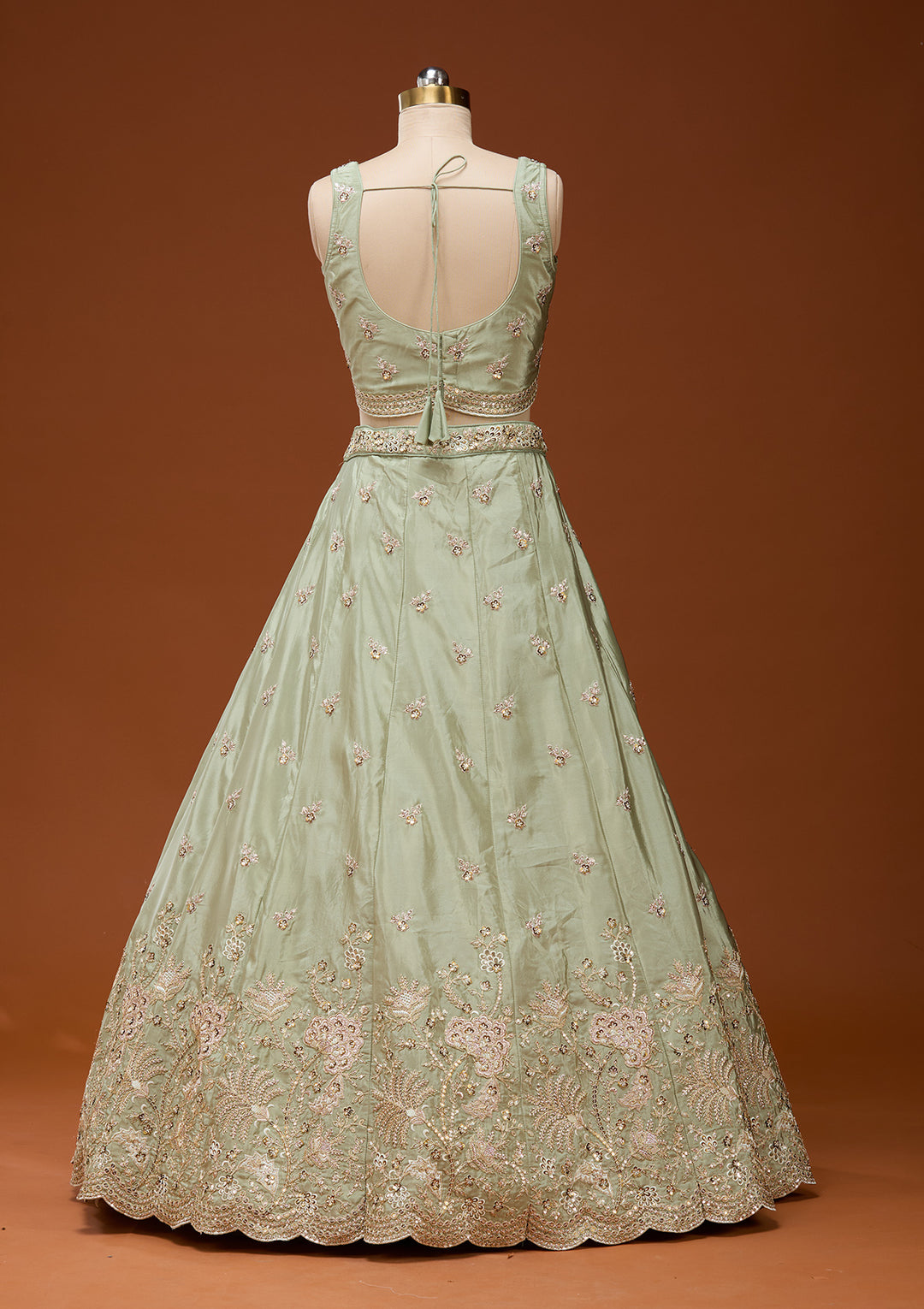 Pista Green Cording Satin Readymade Lehenga