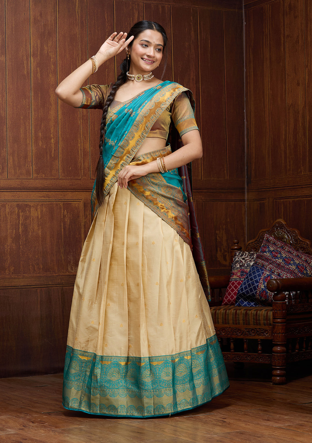 Beige  Banarasi Semi- StitchedLehenga