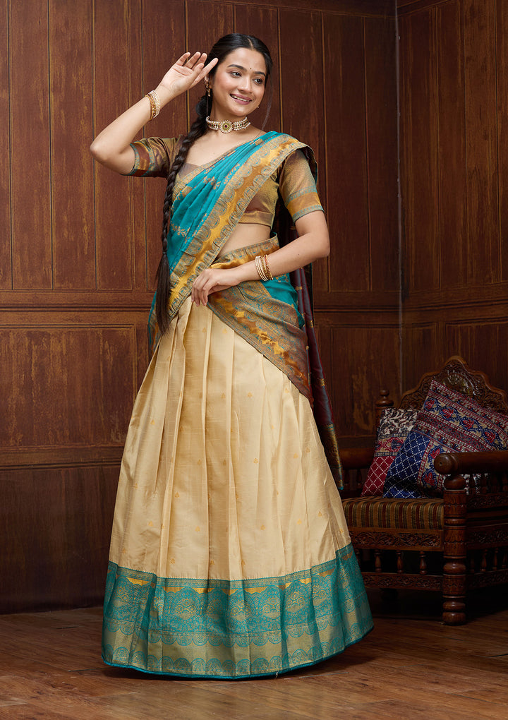 Beige  Banarasi Semi- StitchedLehenga