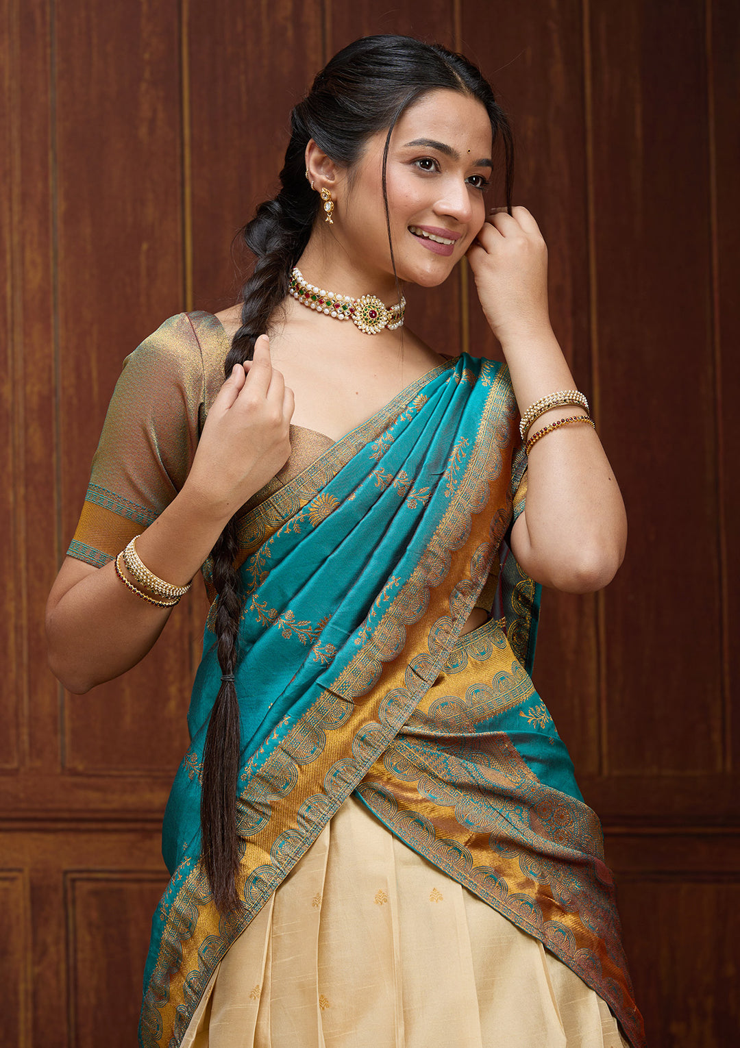 Beige  Banarasi Semi- StitchedLehenga