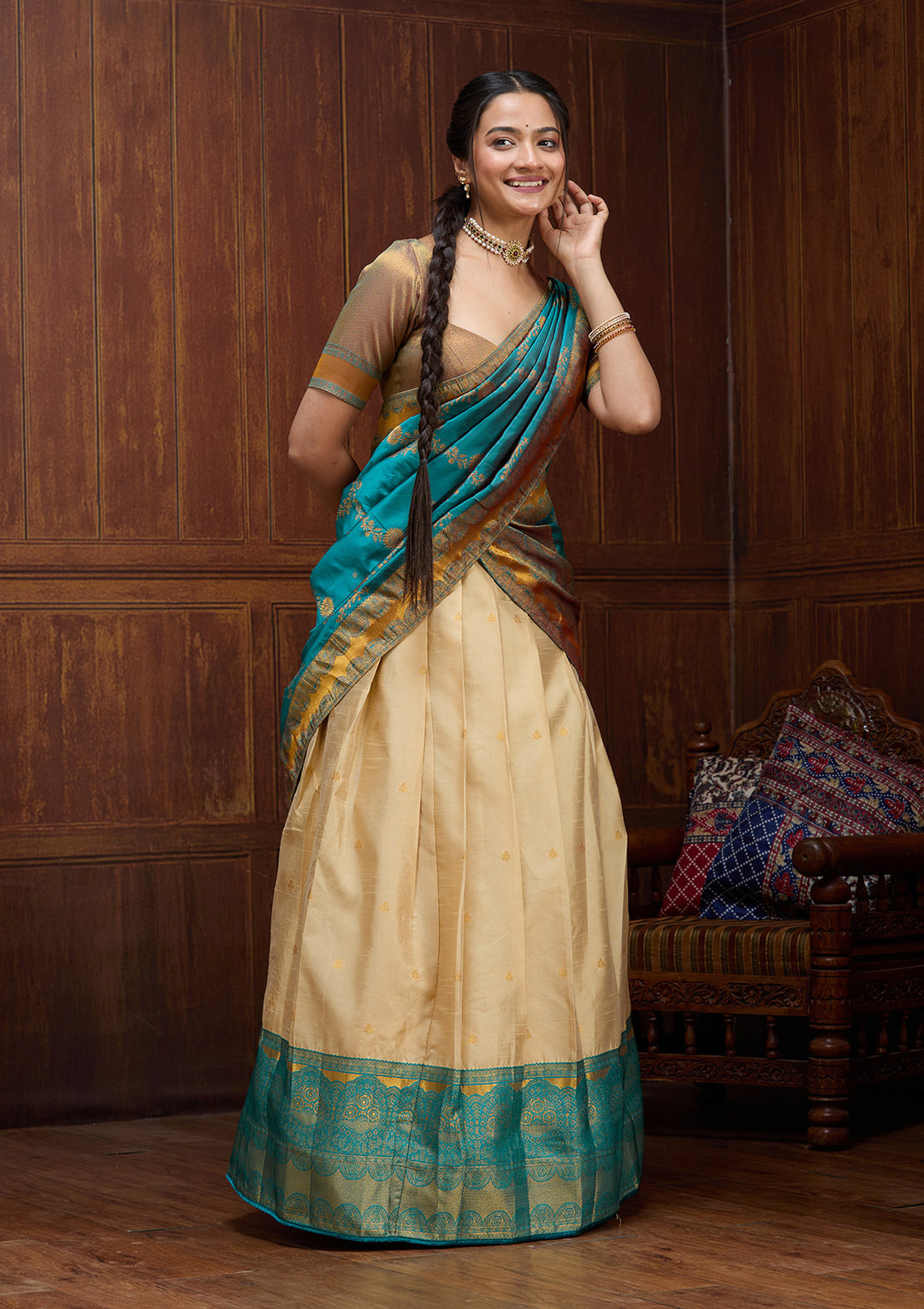 Beige  Banarasi Semi- StitchedLehenga