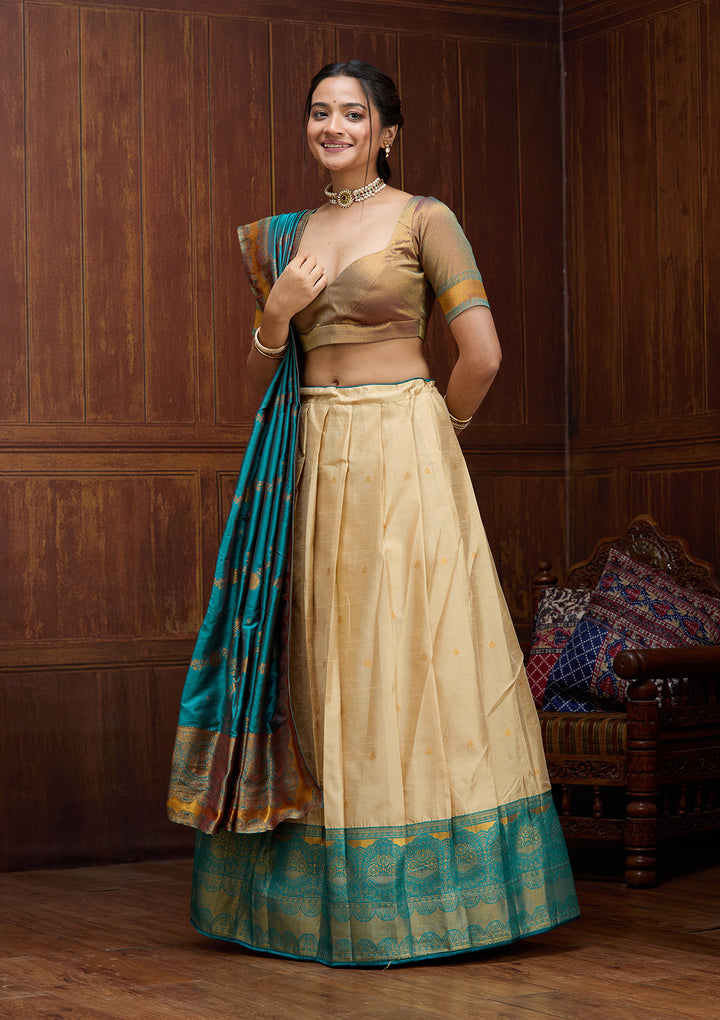 Beige  Banarasi Semi- StitchedLehenga