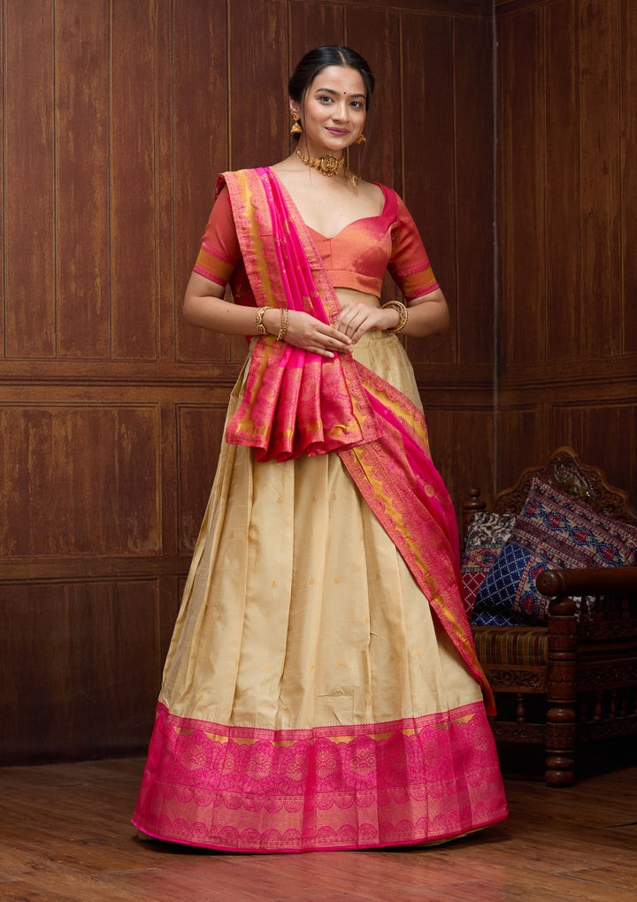 Beige Banarasi Semi-Stitched Lehenga