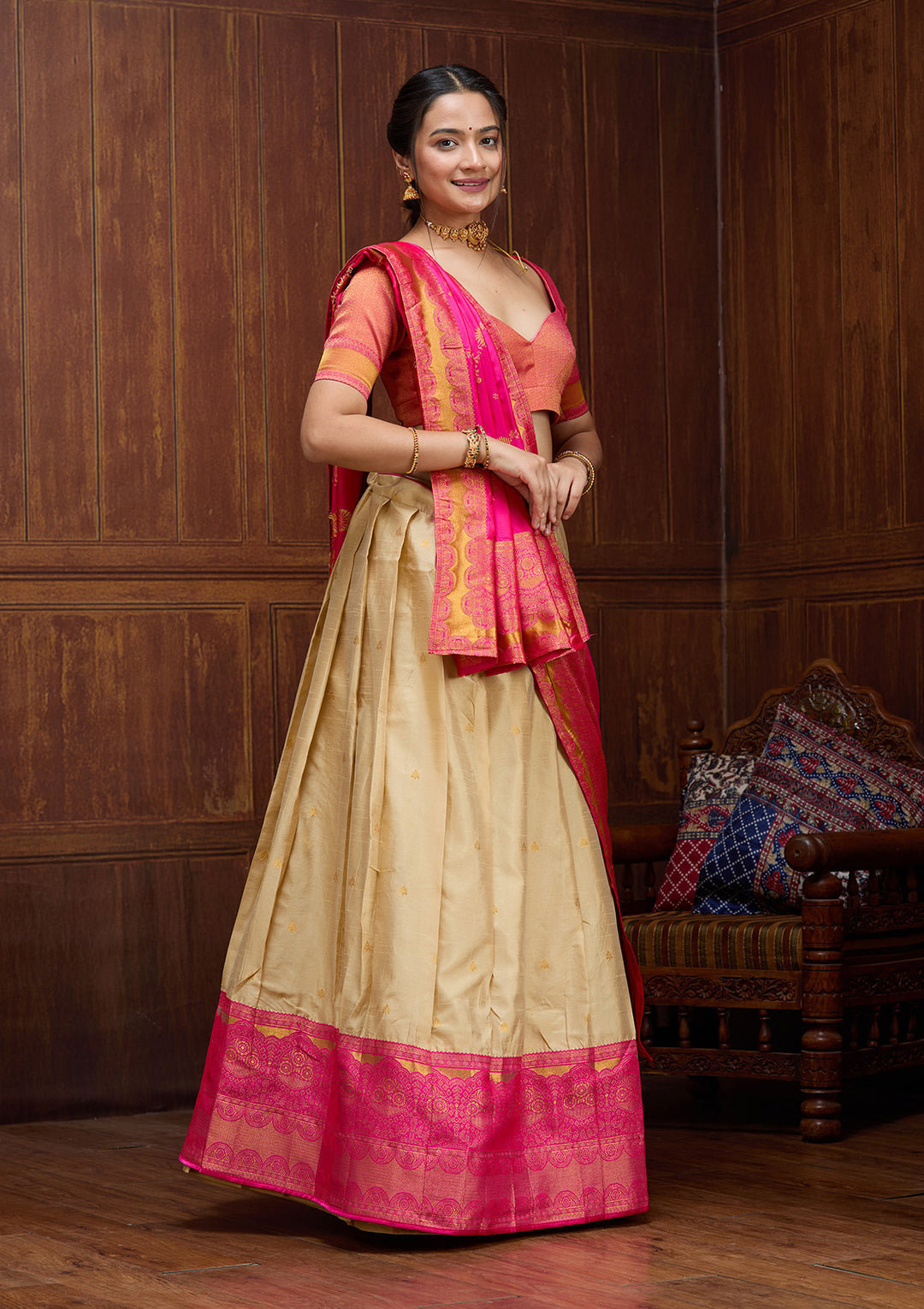 Beige Banarasi Semi-Stitched Lehenga