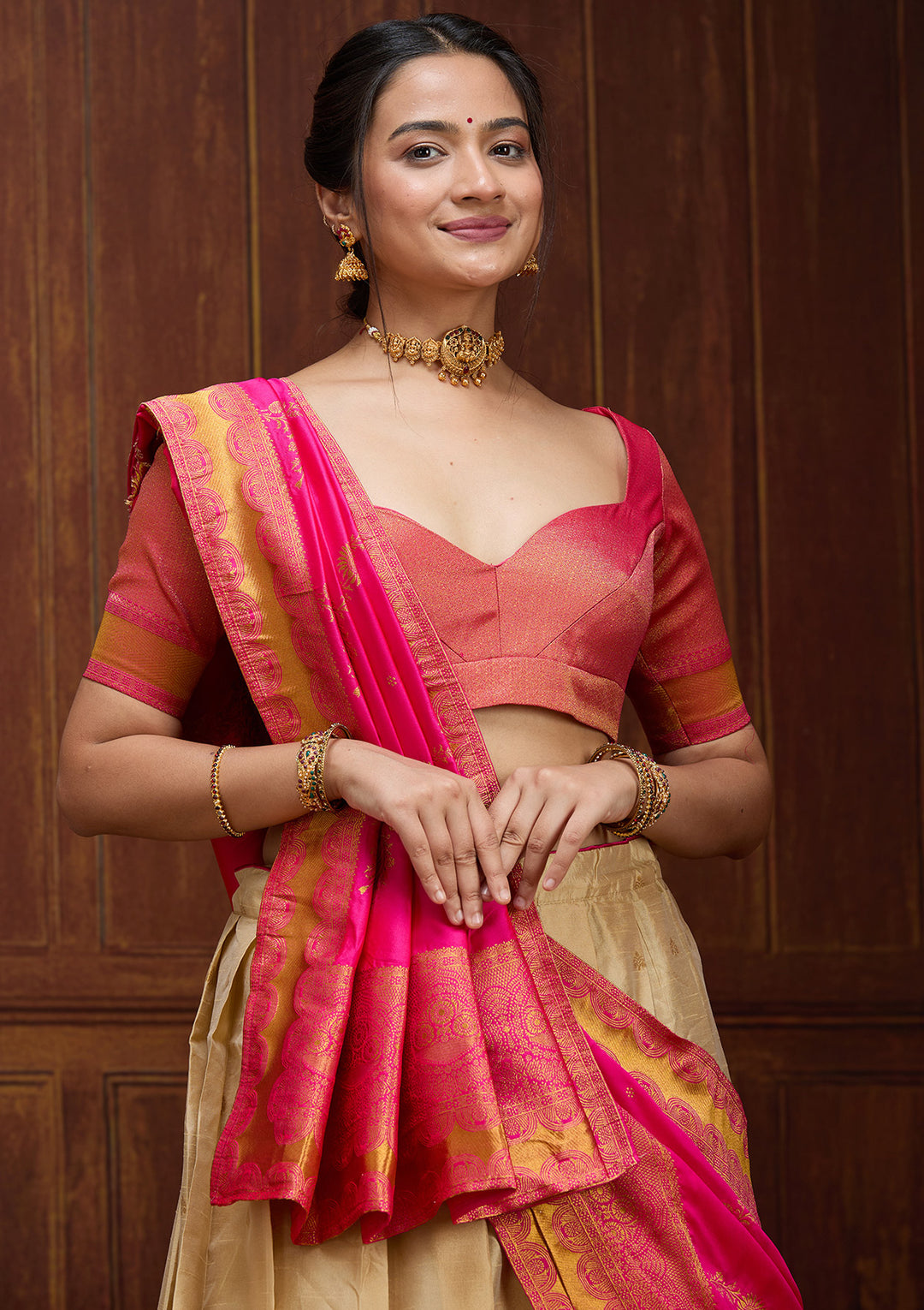 Beige Banarasi Semi-Stitched Lehenga