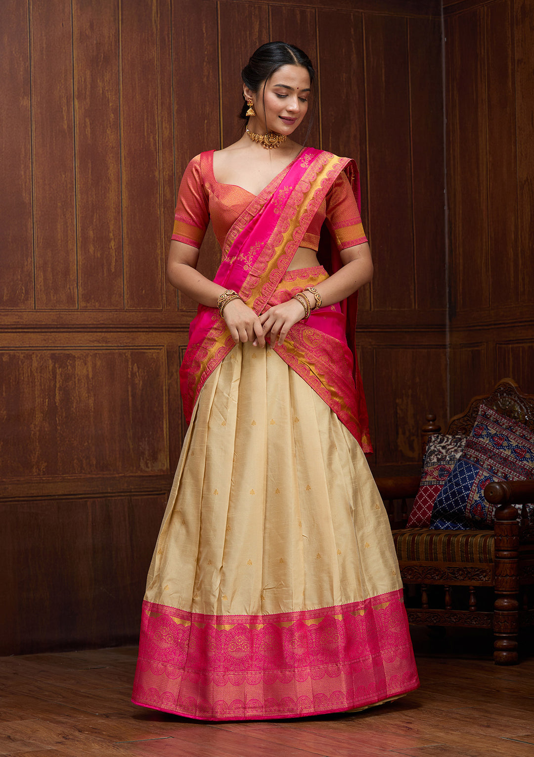 Beige Banarasi Semi-Stitched Lehenga