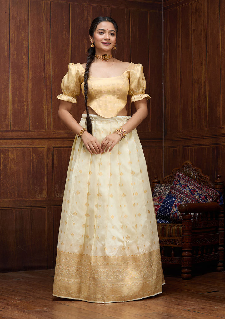 Off White  Banarasi Semi-Stitched Lehenga