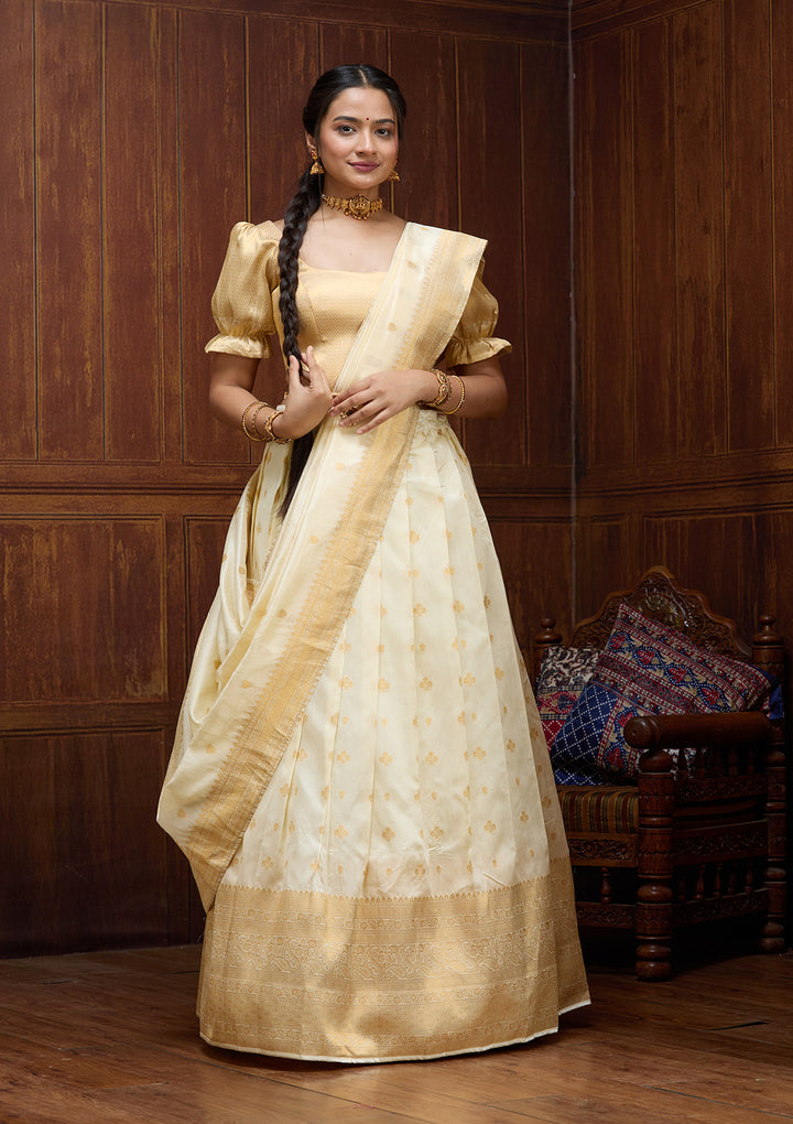 Off White  Banarasi Semi-Stitched Lehenga