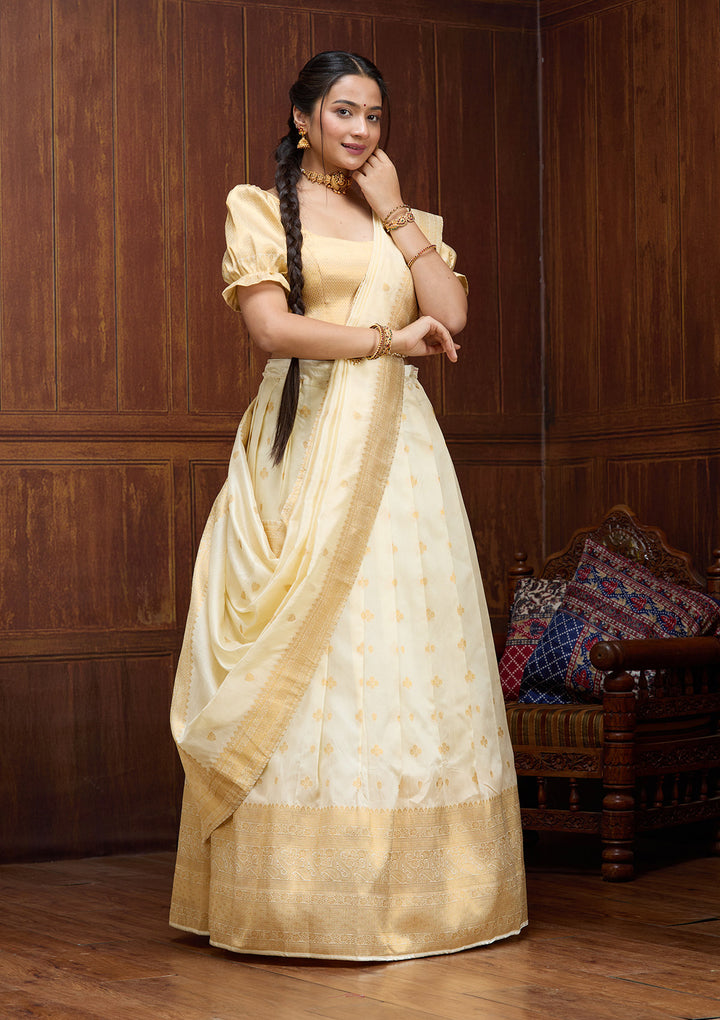 Off White  Banarasi Semi-Stitched Lehenga