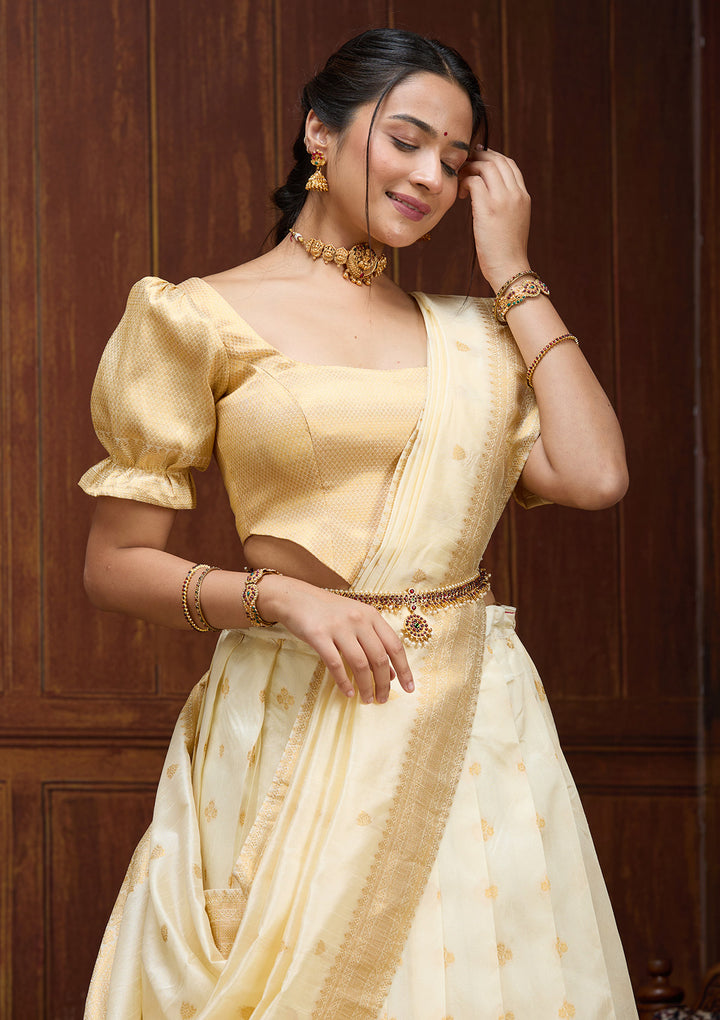 Off White  Banarasi Semi-Stitched Lehenga