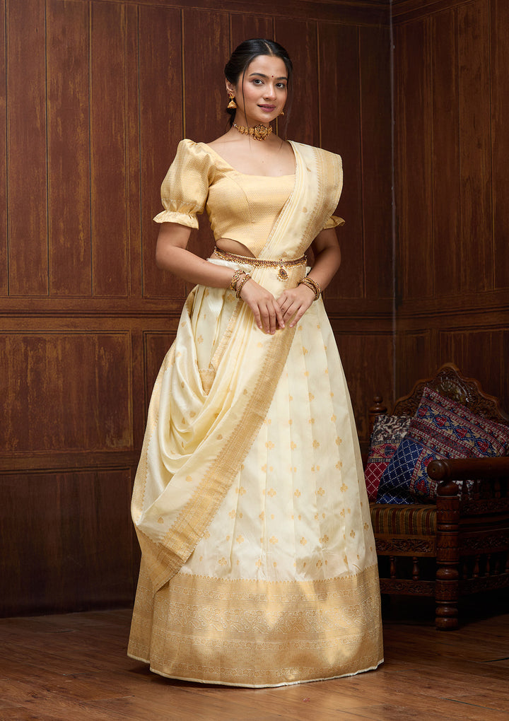 Off White  Banarasi Semi-Stitched Lehenga