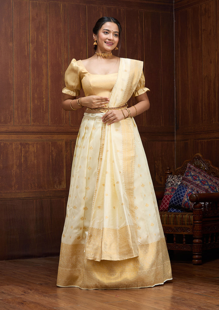 Off White  Banarasi Semi-Stitched Lehenga