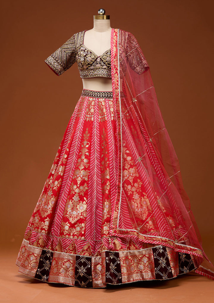Red Zardosi Brocade Readymade Lehenga