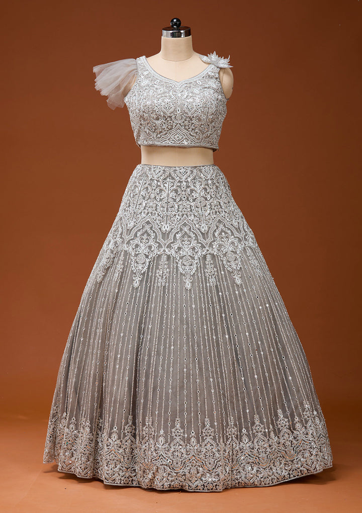 Light Grey Silver Zariwork Net Readymade Lehenga