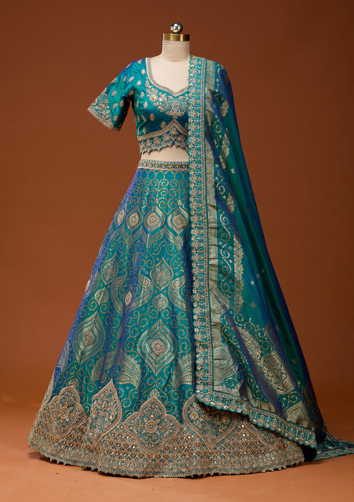 Turquoise Blue Zariwork Banarasi Readymade Lehenga