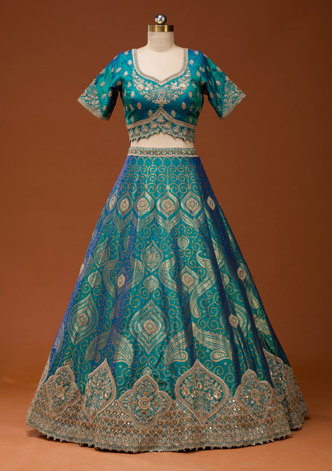 Turquoise Blue Zariwork Banarasi Readymade Lehenga