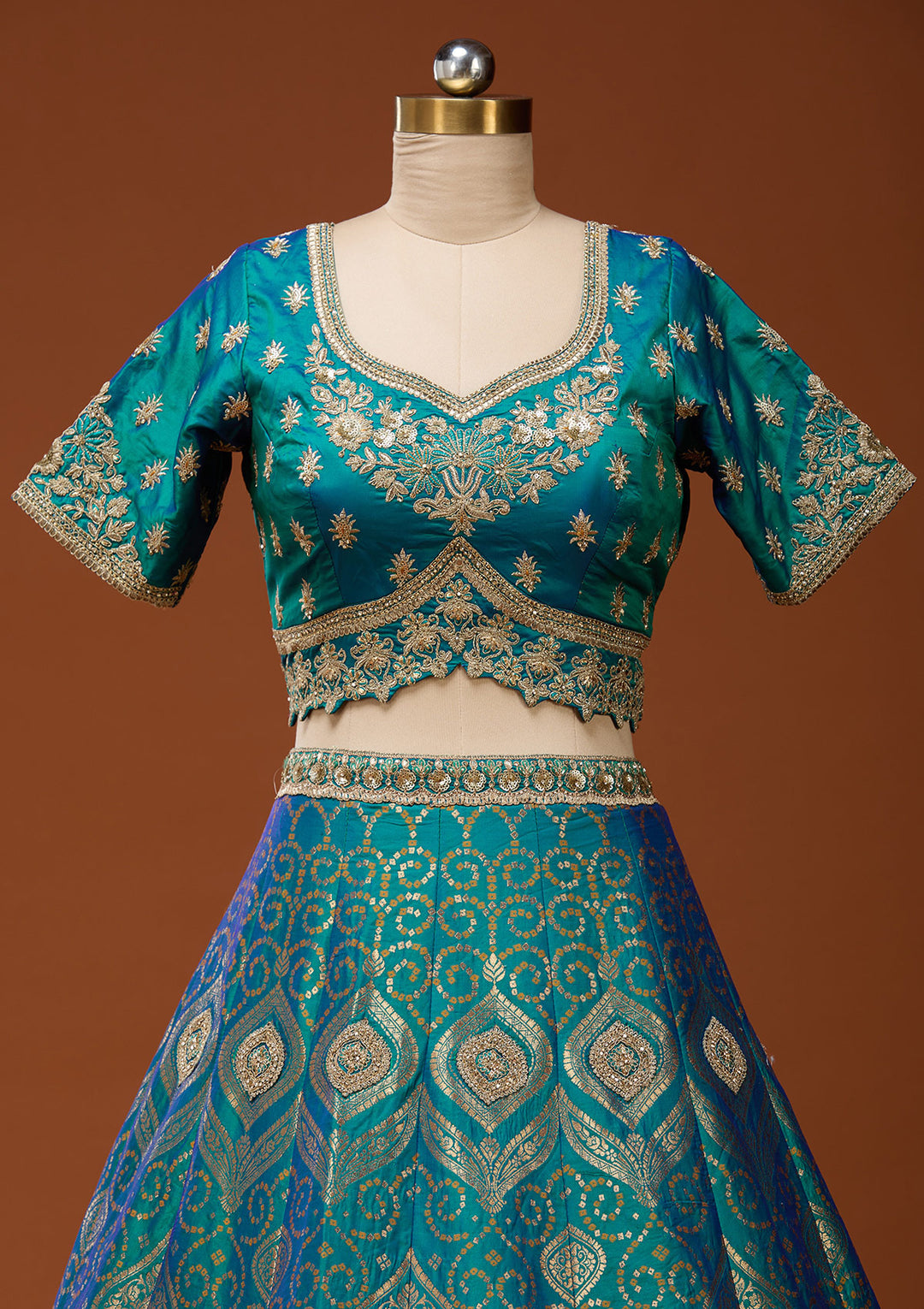 Turquoise Blue Zariwork Banarasi Readymade Lehenga