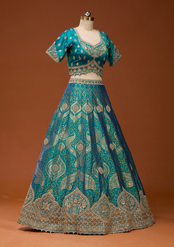 Turquoise Blue Zariwork Banarasi Readymade Lehenga