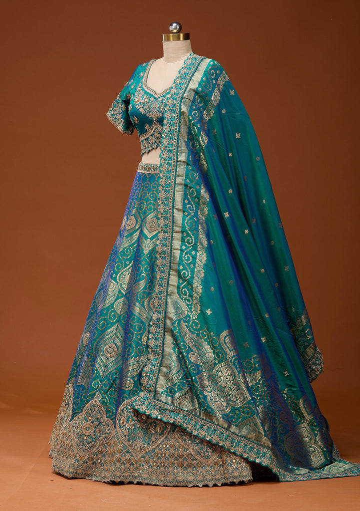 Turquoise Blue Zariwork Banarasi Readymade Lehenga