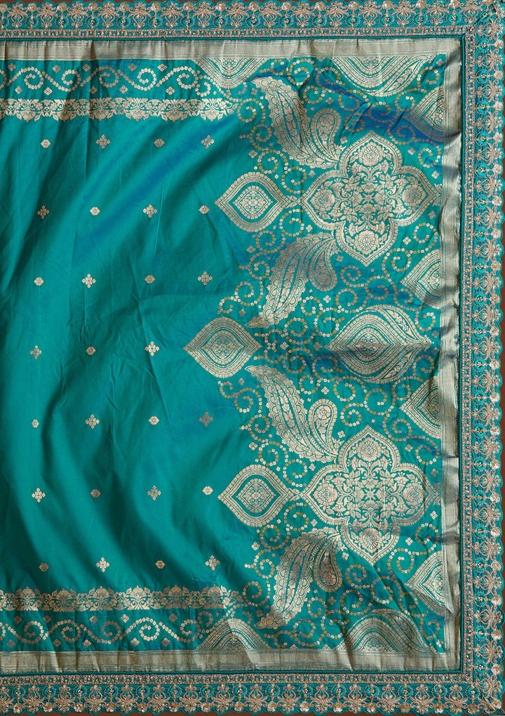 Turquoise Blue Zariwork Banarasi Readymade Lehenga