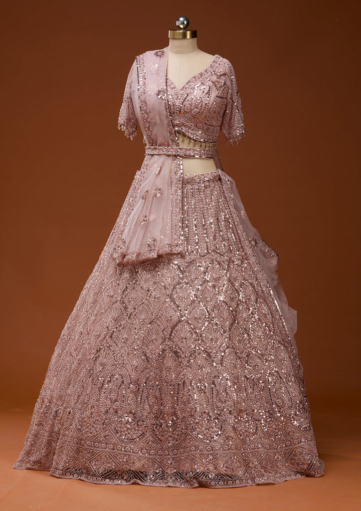 Baby Pink Cutdana Net Readymade Lehenga