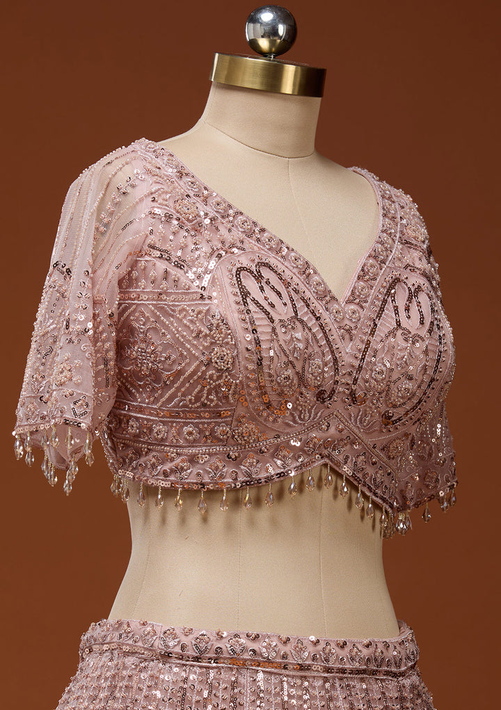 Baby Pink Cutdana Net Readymade Lehenga