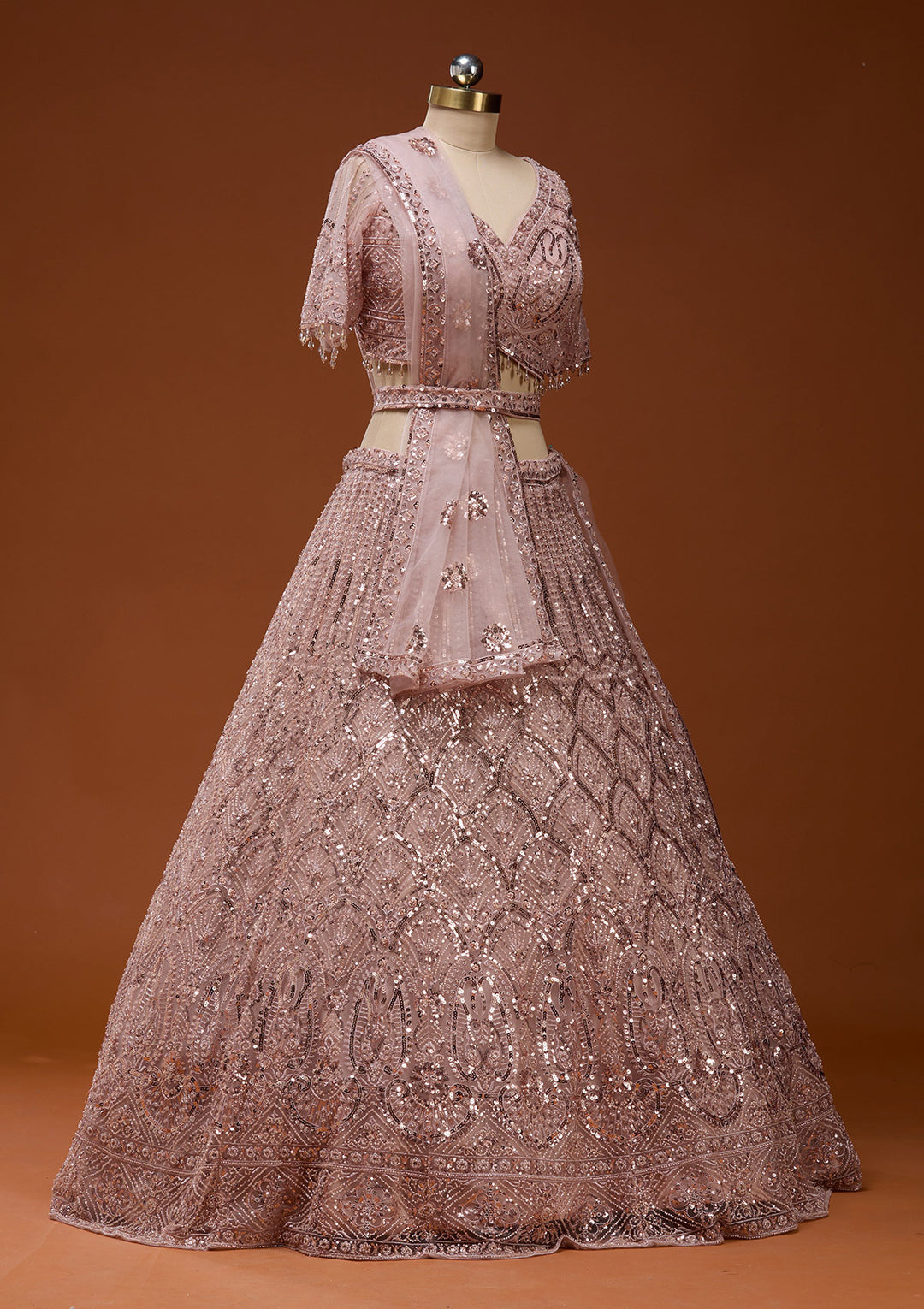 Baby Pink Cutdana Net Readymade Lehenga