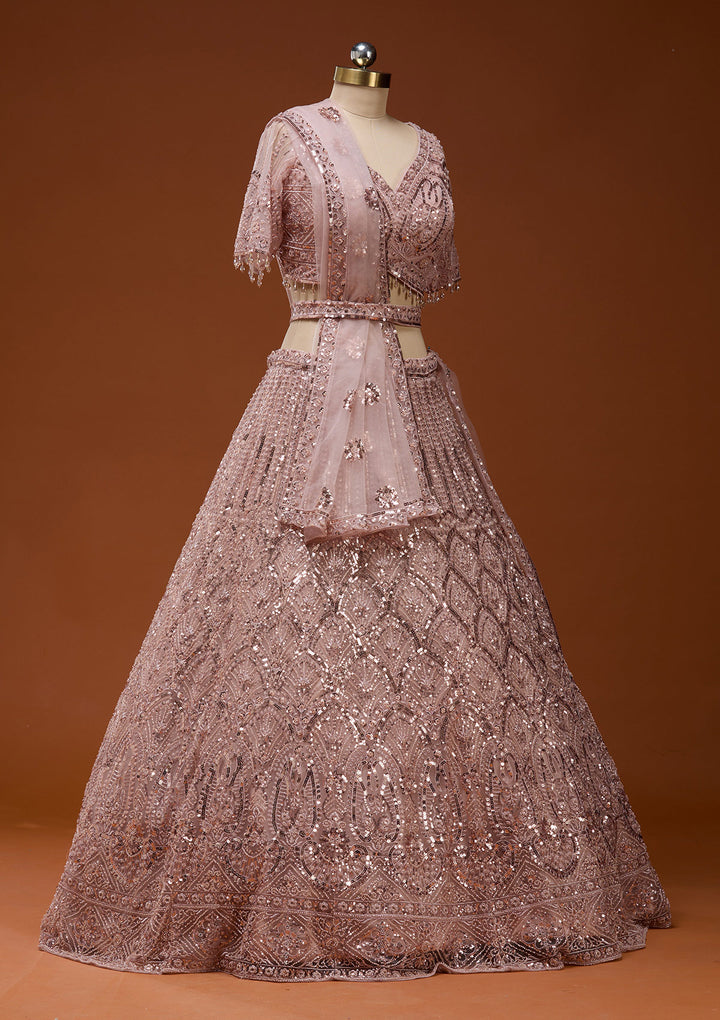 Baby Pink Cutdana Net Readymade Lehenga