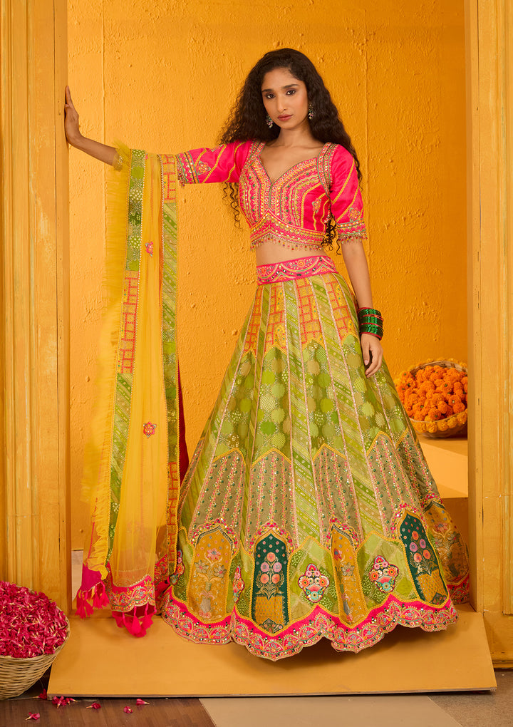 Parrot Green Zariwork Banarasi Readymade Lehenga