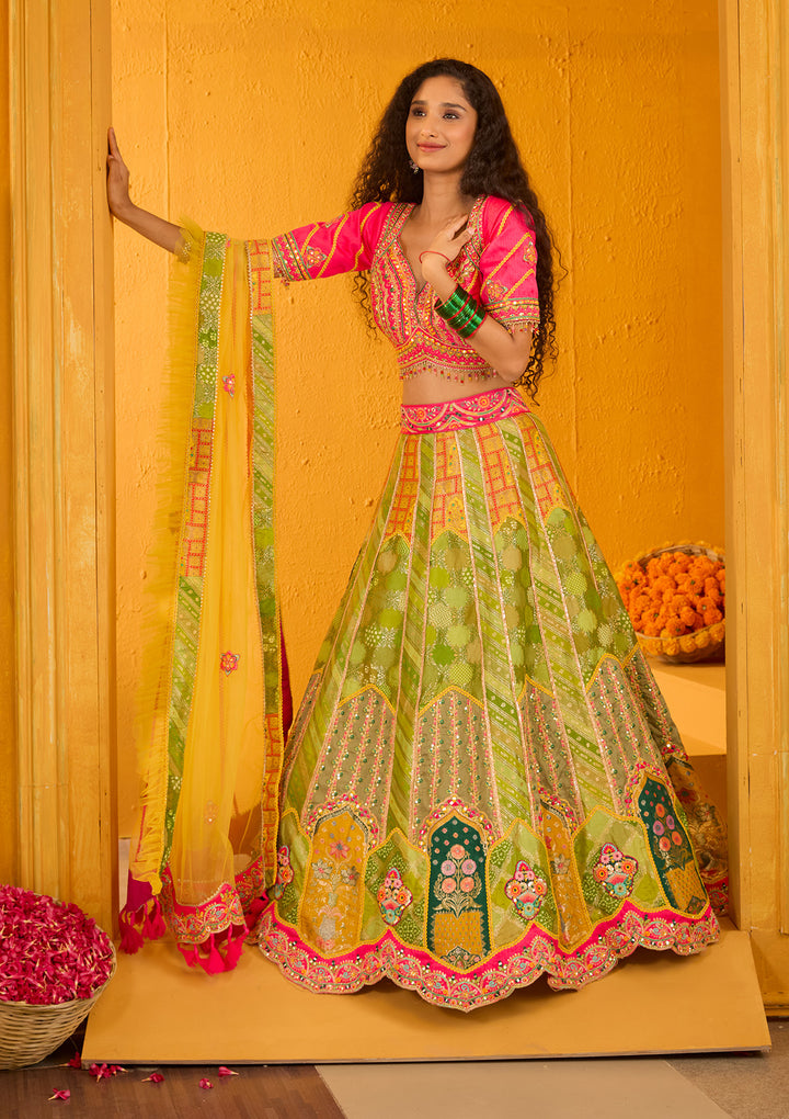 Parrot Green Zariwork Banarasi Readymade Lehenga