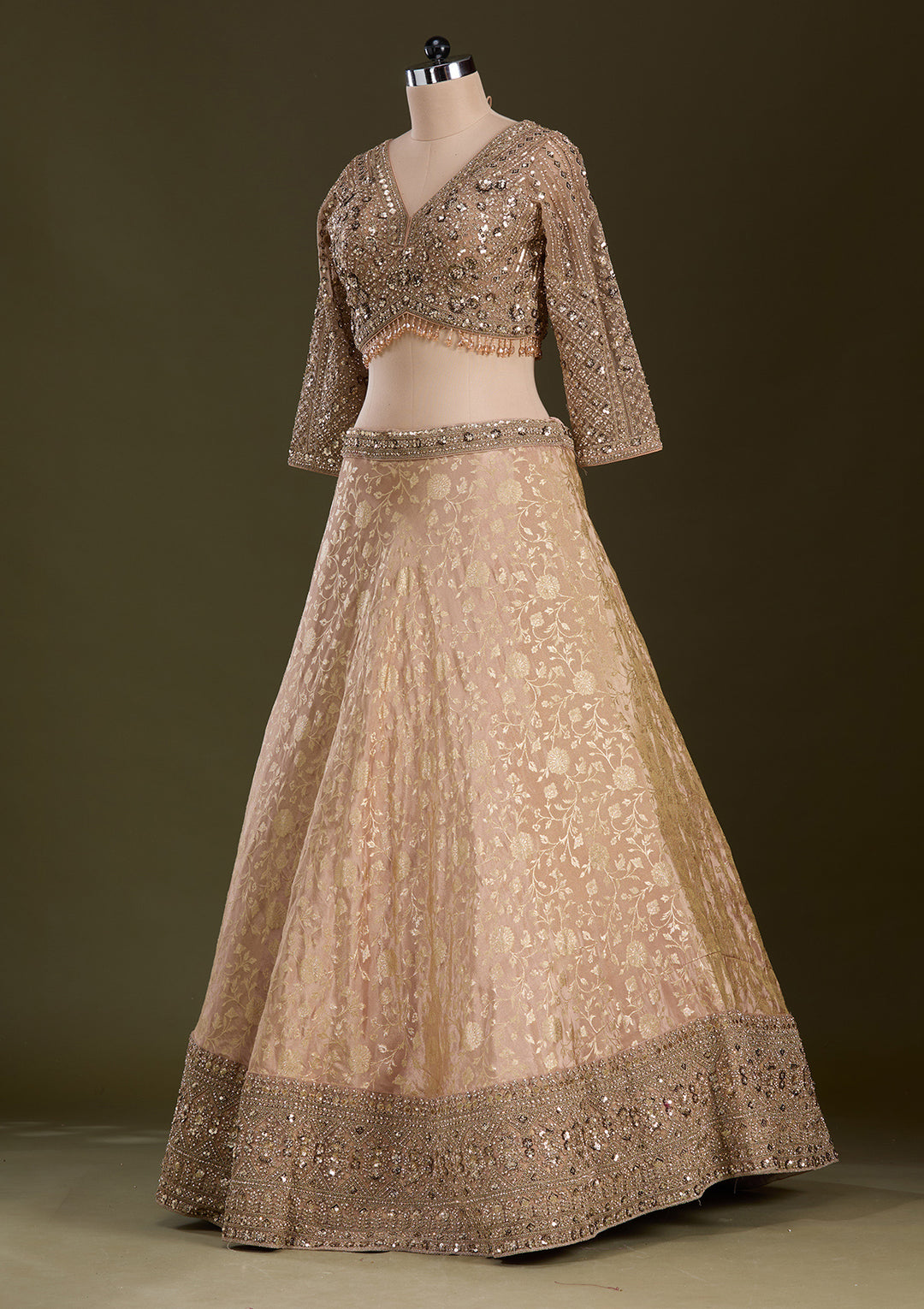 Beige Cording Dola Silk Readymade Lehenga