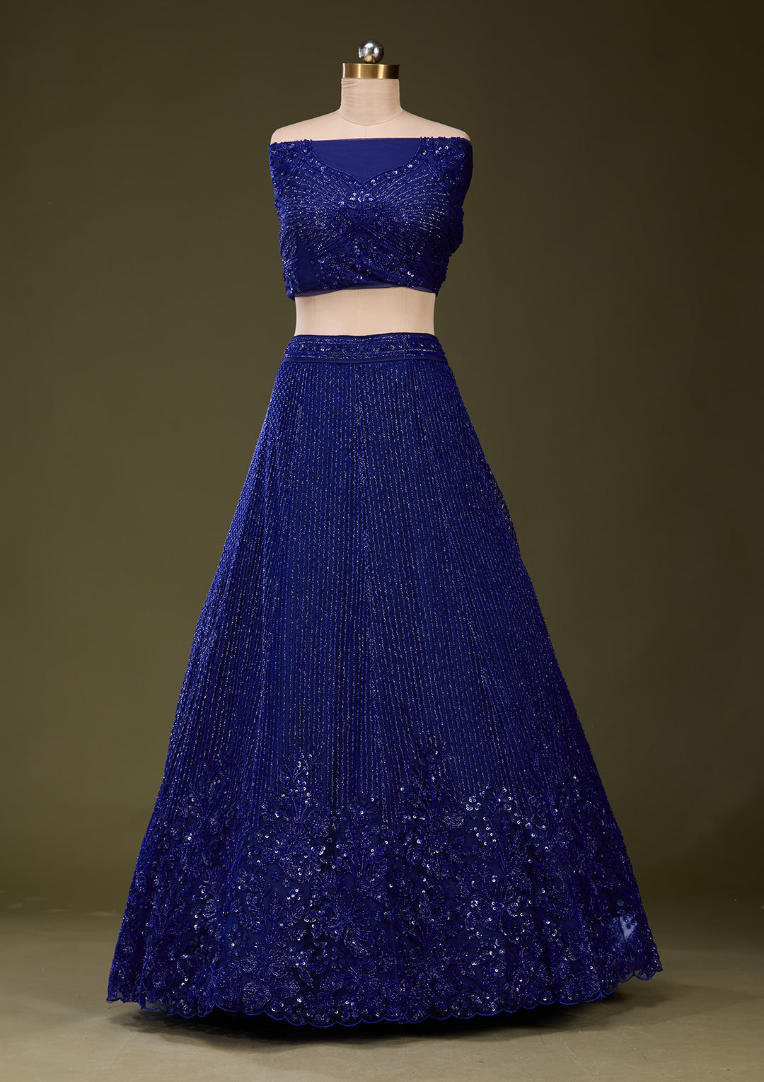Royal Blue Sequins Net Semi-Stitched Lehenga