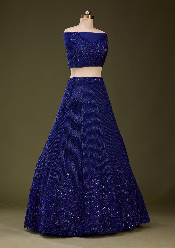 Royal Blue Sequins Net Semi-Stitched Lehenga