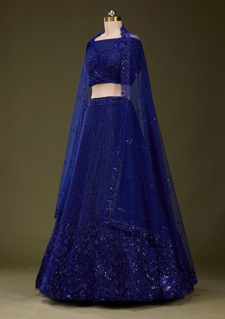 Royal Blue Sequins Net Semi-Stitched Lehenga