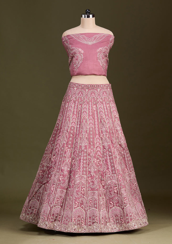 Peach Cording Raw Silk Semi-Stitched Lehenga